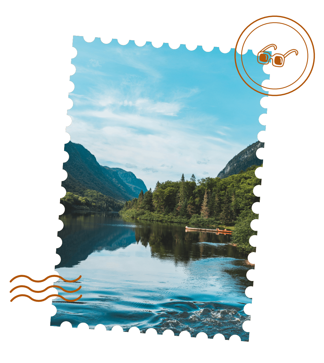 Un lac entouré de forêt au Canada, dans un format type timbre-poste vintage, pour illustrer les destinations proposées par Marie-Léa, travel planner
