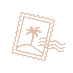 Illustration d'un timbre avec un tampon et un dessin de palmier - offres de travel planner